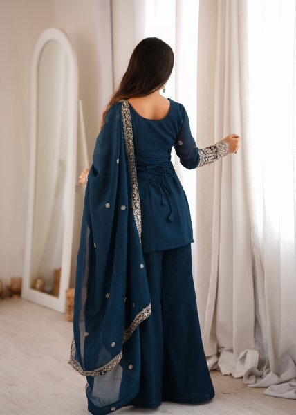 Women s Navy Blue Crunchy Silk Kurta with Embroidery Sequins and Jari Work Dupatta Ready To Wear Collection
