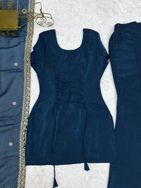 Women s Navy Blue Crunchy Silk Kurta with Embroidery Sequins and Jari Work Dupatta Ready To Wear Collection