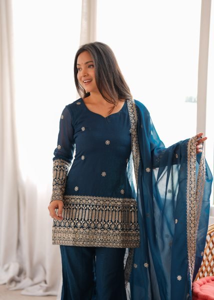 Women s Navy Blue Crunchy Silk Kurta with Embroidery Sequins and Jari Work Dupatta Ready To Wear Collection