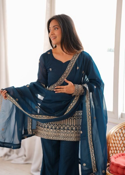 Women s Navy Blue Crunchy Silk Kurta with Embroidery Sequins and Jari Work Dupatta Ready To Wear Collection