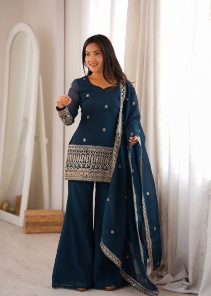 Women s Navy Blue Crunchy Silk Kurta with Embroidery Sequins and Jari Work Dupatta Ready To Wear Collection