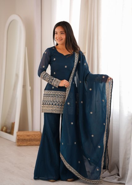 Women s Navy Blue Crunchy Silk Kurta with Embroidery Sequins and Jari Work Dupatta Ready To Wear Collection