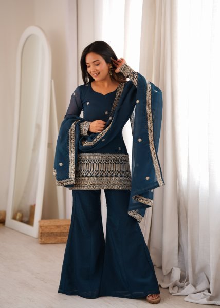 Women s Navy Blue Crunchy Silk Kurta with Embroidery Sequins and Jari Work Dupatta Ready To Wear Collection