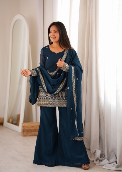 Women s Navy Blue Crunchy Silk Kurta with Embroidery Sequins and Jari Work Dupatta Ready To Wear Collection