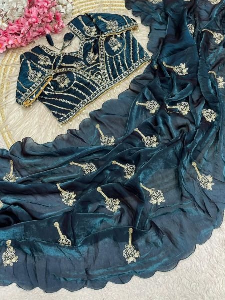 Women's Navy Blue Fandy Satin Saree with Beautiful Khatli Handwork Border 