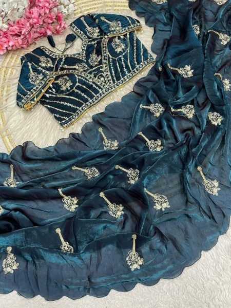 Women's Navy Blue Fandy Satin Saree with Beautiful Khatli Handwork Border Bollywood Fancy Sarees Wholesale