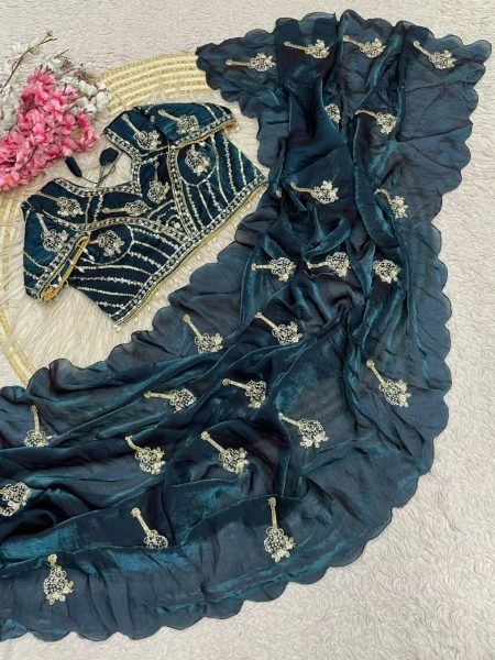 Women's Navy Blue Fandy Satin Saree with Beautiful Khatli Handwork Border Bollywood Fancy Sarees Wholesale