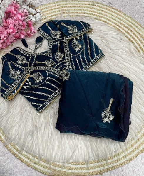 Women's Navy Blue Fandy Satin Saree with Beautiful Khatli Handwork Border Bollywood Fancy Sarees Wholesale