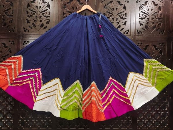 Women's Navy Blue Rayon Cotton Long Flared Skirt with Traditional Lace Work Navratri Lehnega Choli