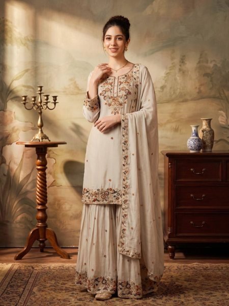 Women s OffWhite Readymade Chinon Salwar Suit with Hand Embroidery Work For Wedding Salwar Kameez