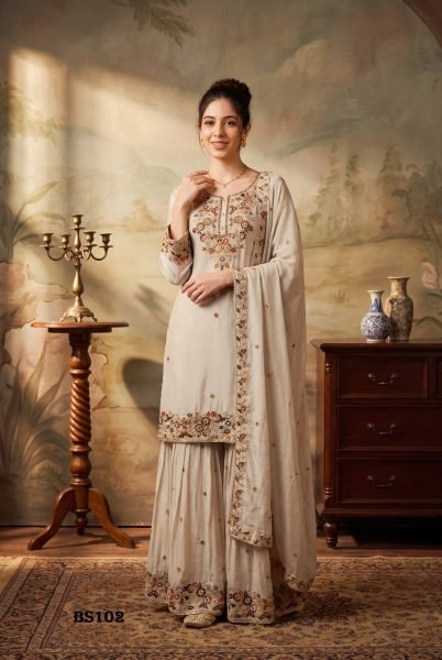Women s OffWhite Readymade Chinon Salwar Suit with Hand Embroidery Work For Wedding Designer Plazzo Salwar Suits Wholesale