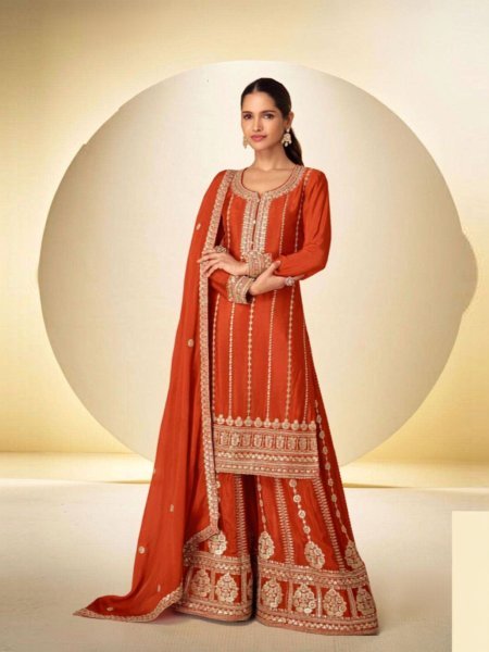 Women s Orange Chinon Palazzo Suit with Heavy Embroidery and Crepe Silk Inner Designer Plazzo Salwar Suits Wholesale