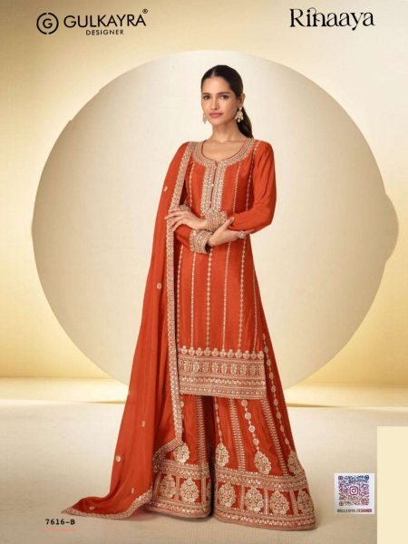 Women s Orange Chinon Palazzo Suit with Heavy Embroidery and Crepe Silk Inner Designer Plazzo Salwar Suits Wholesale