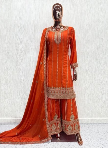 Women s Orange Chinon Palazzo Suit with Heavy Embroidery and Crepe Silk Inner Designer Plazzo Salwar Suits Wholesale