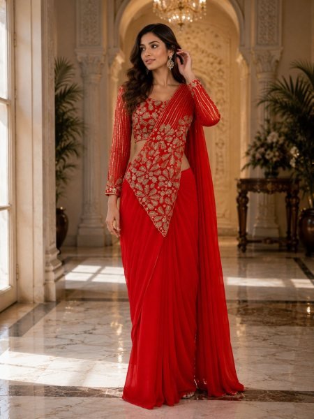 Women's Orange Faux Georgette Ready to Wear Saree with Zari and Semi Beads Work Sarees 