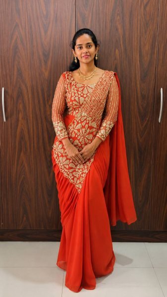 Women's Orange Faux Georgette Ready to Wear Saree with Zari and Semi Beads Work Ready To Wear Saree 