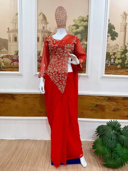 Women's Orange Faux Georgette Ready to Wear Saree with Zari and Semi Beads Work Ready To Wear Saree 