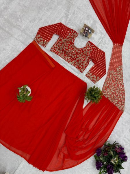 Women's Orange Faux Georgette Ready to Wear Saree with Zari and Semi Beads Work Ready To Wear Saree 
