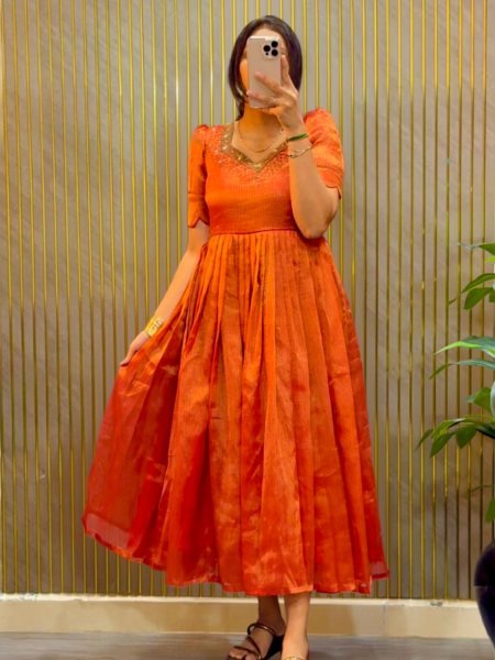 Women's Orange Premium Kota Tissue Silk Party Gown with Designer Hand Work Kurtis