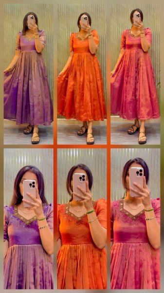 Women s Orange Premium Kota Tissue Silk Party Gown with Designer Hand Work Anarkali Kurtis 