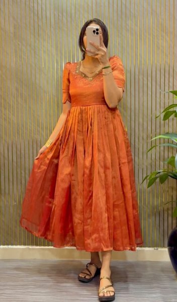 Women s Orange Premium Kota Tissue Silk Party Gown with Designer Hand Work Anarkali Kurtis 