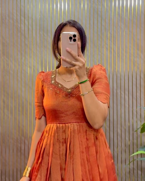 Women s Orange Premium Kota Tissue Silk Party Gown with Designer Hand Work Anarkali Kurtis 