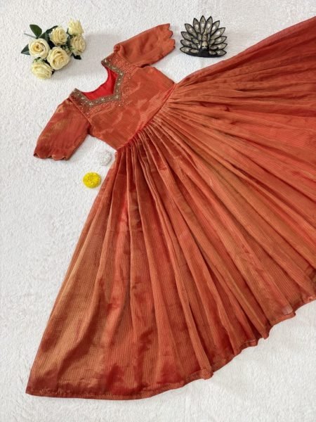 Women s Orange Premium Kota Tissue Silk Party Gown with Designer Hand Work Anarkali Kurtis 