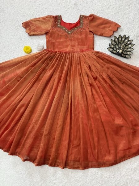 Women s Orange Premium Kota Tissue Silk Party Gown with Designer Hand Work Anarkali Kurtis 