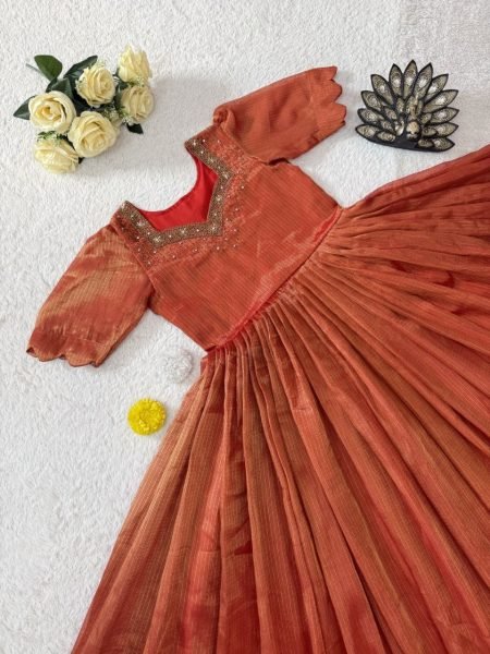 Women s Orange Premium Kota Tissue Silk Party Gown with Designer Hand Work Anarkali Kurtis 