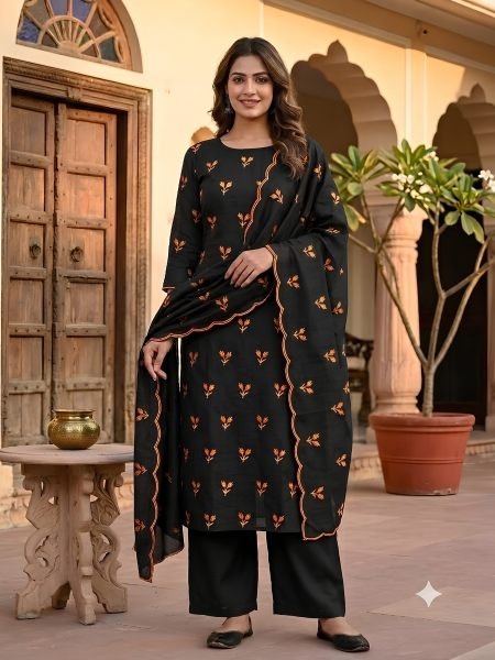 Women's Orange Vichitra Silk Multi Work Suit Set for Festive Occasions Dress Material 