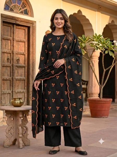Women's Orange Vichitra Silk Multi Work Suit Set for Festive Occasions Color Set Matching Dress Material Wholesale