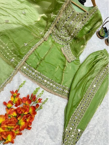 Women's Party Wear Embroidered Dhoti Suit Set with Lace Border Dupatta Ready To Wear Suit