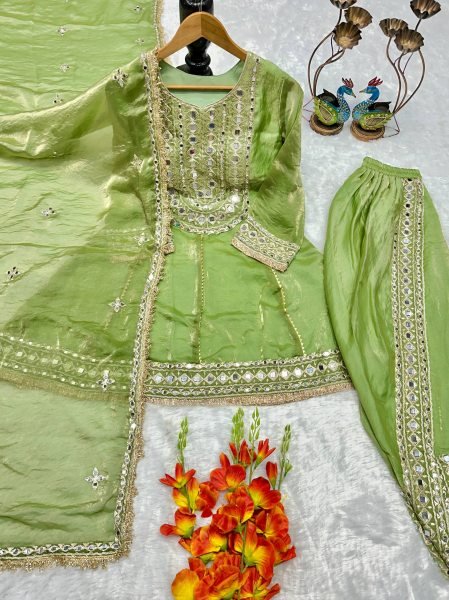 Women's Party Wear Embroidered Dhoti Suit Set with Lace Border Dupatta Ready To Wear Collection