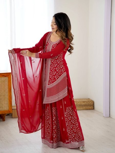 Women s Party Wear Red Latest Faux Georgette Embroidered Palazzo Suit Set Ready To Wear Collection