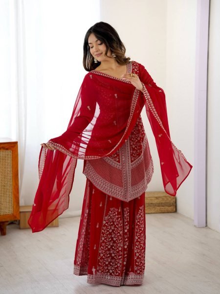 Women s Party Wear Red Latest Faux Georgette Embroidered Palazzo Suit Set Ready To Wear Collection