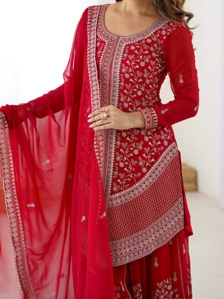 Women s Party Wear Red Latest Faux Georgette Embroidered Palazzo Suit Set Ready To Wear Collection
