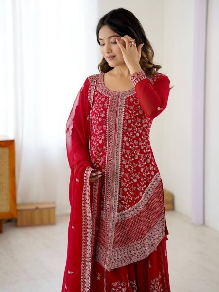 Women s Party Wear Red Latest Faux Georgette Embroidered Palazzo Suit Set Ready To Wear Collection