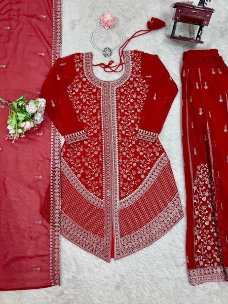 Women s Party Wear Red Latest Faux Georgette Embroidered Palazzo Suit Set Ready To Wear Collection