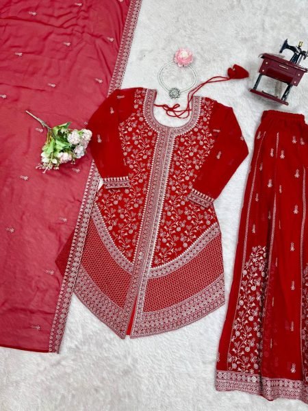 Women s Party Wear Red Latest Faux Georgette Embroidered Palazzo Suit Set Ready To Wear Collection