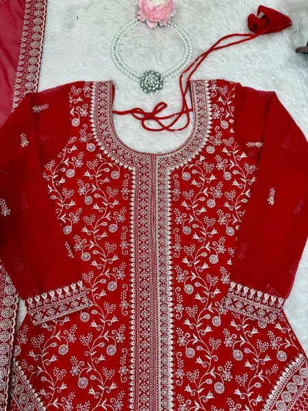 Women s Party Wear Red Latest Faux Georgette Embroidered Palazzo Suit Set Ready To Wear Collection