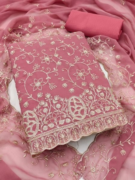 Women's Pink Georgette Salwar Kameez Dress Material with Santoon Bottom 