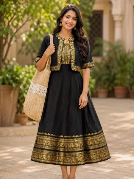 Women s Premium BlacK Chettinadu Cotton Gown with Soft Micro Cotton Inner and Designer Overcoat Kurtis