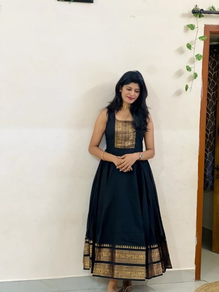Women s Premium BlacK Chettinadu Cotton Gown with Soft Micro Cotton Inner and Designer Overcoat Anarkali Kurtis 