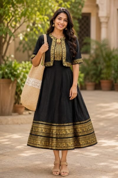 Women s Premium BlacK Chettinadu Cotton Gown with Soft Micro Cotton Inner and Designer Overcoat Anarkali Kurtis 