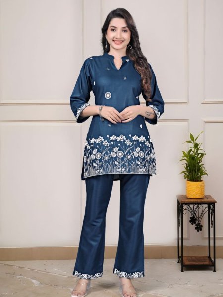 Women s Premium Hot Blue Rayon Embroidered Co Ord Set for Summer Daily Wear  
