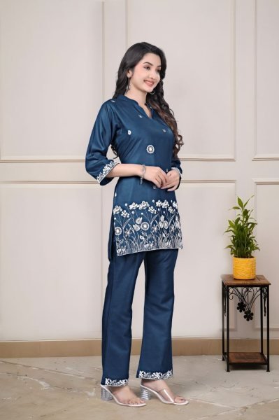 Women s Premium Hot Blue Rayon Embroidered Co Ord Set for Summer Daily Wear  CO ORD Sets