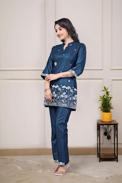 Women s Premium Hot Blue Rayon Embroidered Co Ord Set for Summer Daily Wear  CO ORD Sets