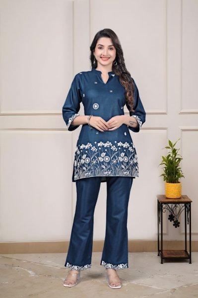 Women s Premium Hot Blue Rayon Embroidered Co Ord Set for Summer Daily Wear  CO ORD Sets