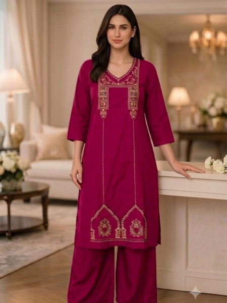 Women's Premium Red Heavy Cotton Embroidered Kurti with Matching Plazzo for Office Wear  