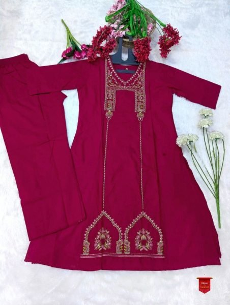 Women's Premium Red Heavy Cotton Embroidered Kurti with Matching Plazzo for Office Wear  Embroidery Kurtis 